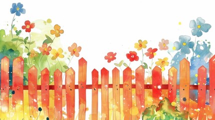 Obraz premium Vibrant watercolor illustration of a wooden fence surrounded by colorful flowers, perfect for garden or nature themes.