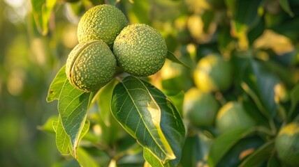 Unripe green walnuts hanging from branches of walnut tree, unripe, green, walnuts, hanging, branches, tree, agriculture, harvest