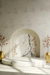 A tall white wall has a white podium positioned in front of it, 3d render