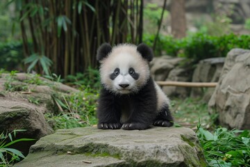 Fototapeta premium Cute baby panda sitting on a rock with lush greenery in the background