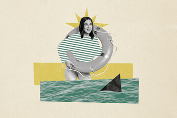 Creative collage picture young woman swimming pool seaside buoy shark vacation resort summer season rejoice weekend holiday