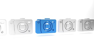 Blue Mirrorless camera icon isolated on white background. Foto camera icon. Minimalism concept. 3D render illustration