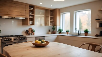 blurry image of a kitchen interior that centers on a vacant tabletop