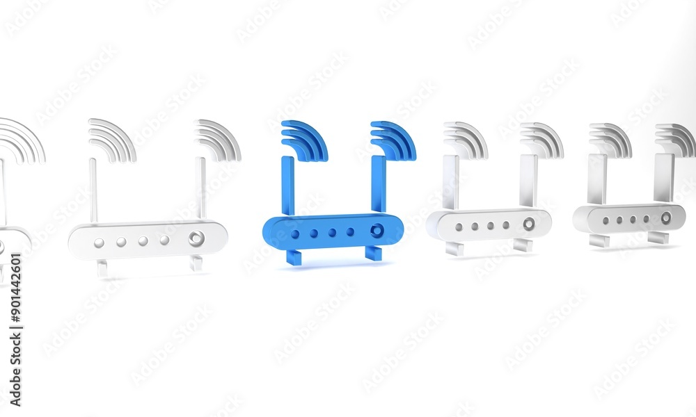 Poster blue router and wi-fi signal symbol icon isolated on white background. wireless ethernet modem route