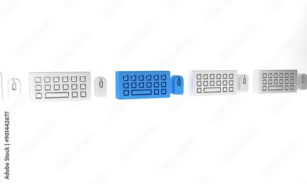 Poster blue computer keyboard and mouse icon isolated on white background. pc component sign. minimalism co