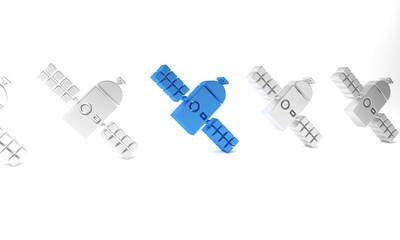 Blue Satellite icon isolated on white background. Minimalism concept. 3D render illustration