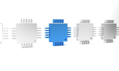 Blue Computer processor with microcircuits CPU icon isolated on white background. Chip or cpu with circuit board sign. Micro processor. Minimalism concept. 3D render illustration