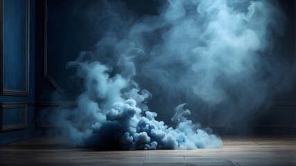 Abstract dark blue background of a room with floor and smoke.