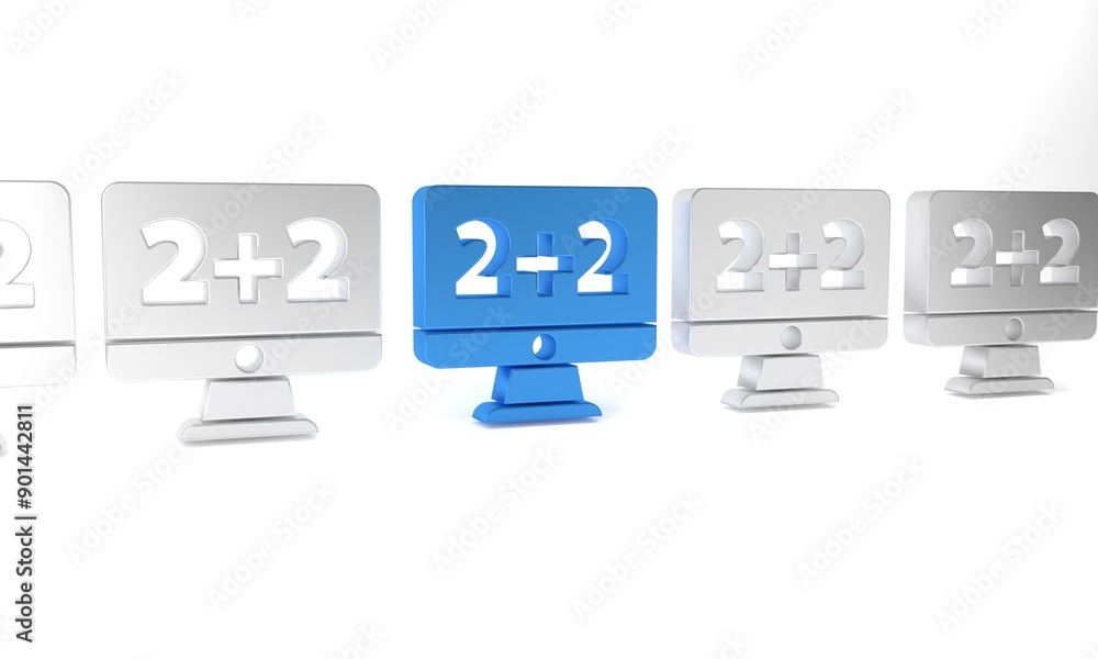 Poster blue math system of equation solution on computer monitor icon isolated on white background. minimal