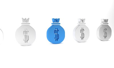 Blue Money bag icon isolated on white background. Dollar or USD symbol. Cash Banking currency sign. Minimalism concept. 3D render illustration