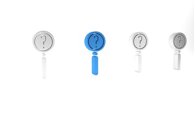 Blue Magnifying glass with search icon isolated on white background. Detective is investigating. Minimalism concept. 3D render illustration