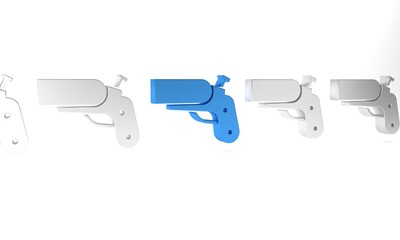 Blue Flare gun pistol signal sos icon isolated on white background. Emergency fire shoot target smoke. Orange 911 launcher. Minimalism concept. 3D render illustration
