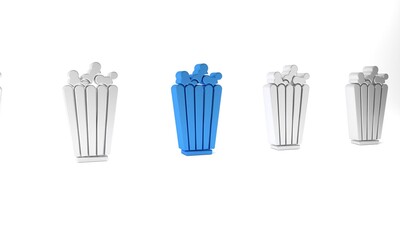 Blue Popcorn in cardboard box icon isolated on white background. Popcorn bucket box. Minimalism concept. 3D render illustration