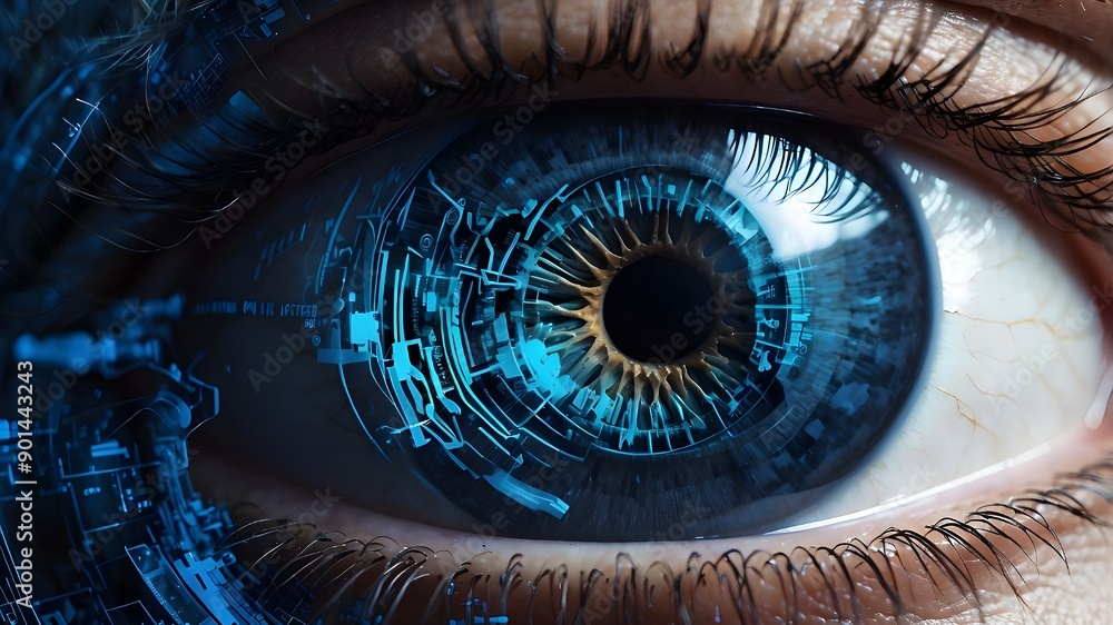 Poster digital blue eye iris abstracted over a hazy tech backdrop. technology and the idea of vision.