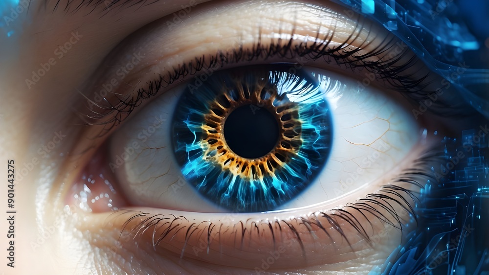 Aufkleber digital blue eye iris abstracted over a hazy tech backdrop. technology and the idea of vision.