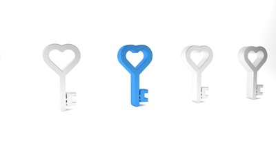 Blue Key in heart shape icon isolated on white background. 8 March. International Happy Women Day. Minimalism concept. 3D render illustration