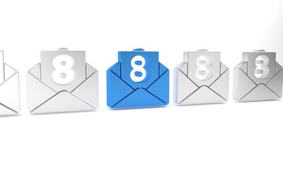 Blue Envelope with 8 March icon isolated on white background. Message love. Letter love and romance. International Happy Women Day. Minimalism concept. 3D render illustration