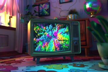 Obraz premium Vintage TV Showcasing Psychedelic Patterns in Retro Room