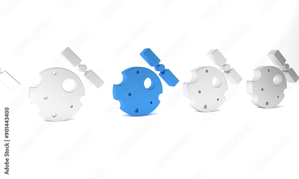 Poster blue artificial satellites orbiting the planet earth in outer space icon isolated on white backgroun
