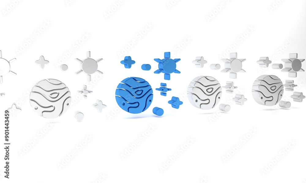 Poster blue space and planet icon isolated on white background. planets surface with craters, stars and com