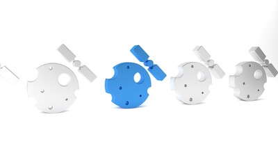 Blue Artificial satellites orbiting the planet Earth in outer space icon isolated on white background. Communication, navigation concept. Minimalism concept. 3D render illustration