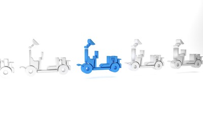Blue Mars rover icon isolated on white background. Space rover. Moonwalker sign. Apparatus for studying planets surface. Minimalism concept. 3D render illustration