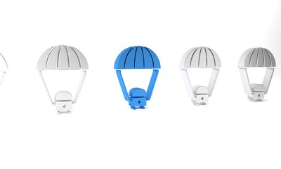 Blue Space capsule returning to earth via parachute icon isolated on white background. Minimalism concept. 3D render illustration