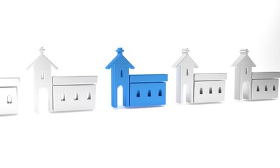 Blue Church building icon isolated on white background. Christian Church. Religion of church. Minimalism concept. 3D render illustration