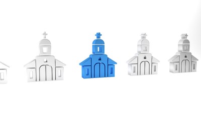 Blue Church building icon isolated on white background. Christian Church. Religion of church. Minimalism concept. 3D render illustration