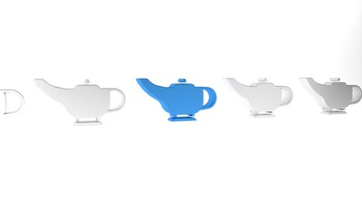 Blue Magic lamp or Aladdin lamp icon isolated on white background. Spiritual lamp for wish. Minimalism concept. 3D render illustration