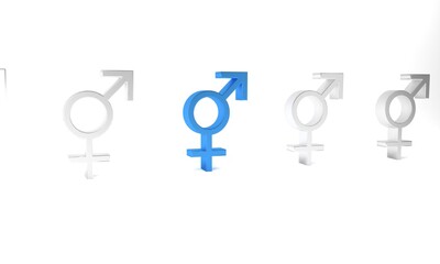 Blue Gender icon isolated on white background. Symbols of men and women. Sex symbol. Minimalism concept. 3D render illustration