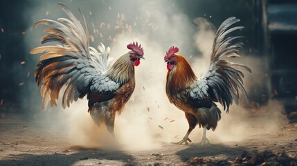 Two roosters fight to defend their territory. Neural network ai generated art