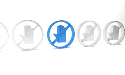 Blue No handshake icon isolated on white background. No handshake for virus prevention concept. Bacteria when shaking hands. Minimalism concept. 3D render illustration