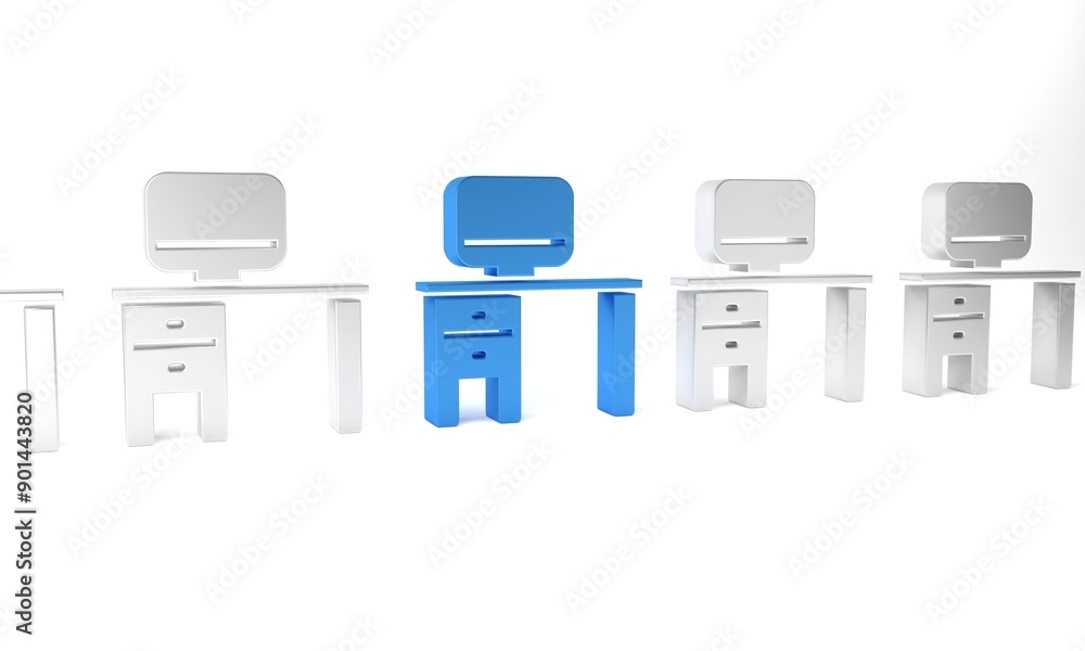 Poster blue computer monitor and desk icon isolated on white background. pc component sign. minimalism conc