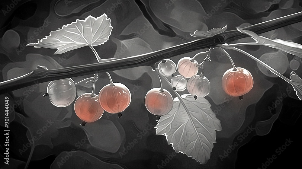 Wall mural  Monochromatic picture of red berries dangling from a green leafy tree against a solid black backdrop