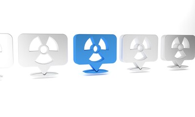 Blue Radioactive in location icon isolated on white background. Radioactive toxic symbol. Radiation Hazard sign. Minimalism concept. 3D render illustration