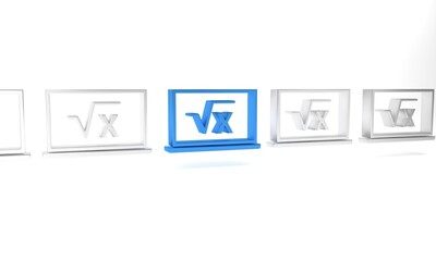 Blue Square root of x glyph on chalkboard icon isolated on white background. Mathematical expression. Minimalism concept. 3D render illustration