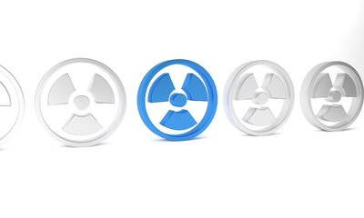 Blue Radioactive icon isolated on white background. Radioactive toxic symbol. Radiation Hazard sign. Minimalism concept. 3D render illustration