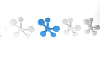 Blue Molecule icon isolated on white background. Structure of molecules in chemistry, science teachers innovative educational poster. Minimalism concept. 3D render illustration