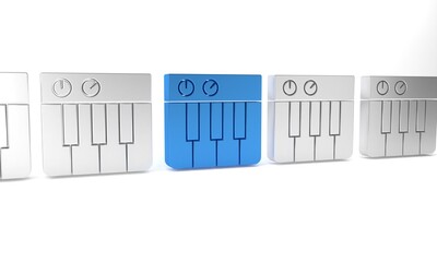 Blue Music synthesizer icon isolated on white background. Electronic piano. Minimalism concept. 3D render illustration