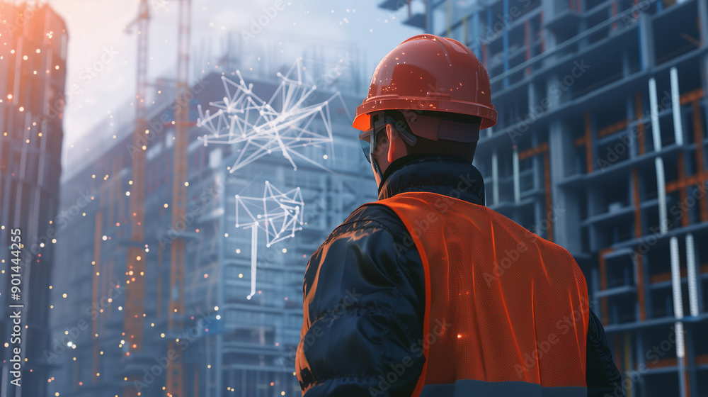 Poster a man in a safety vest stands in front of a building. the image is a computer generated rendering of