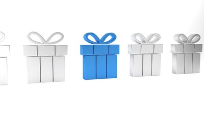 Blue Gift box icon isolated on white background. Happy Birthday. Minimalism concept. 3D render illustration