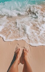 A person's feet are in the sand at the beach