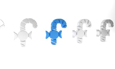 Blue Christmas candy cane with stripes icon isolated on white background. Merry Christmas and Happy New Year. Minimalism concept. 3D render illustration