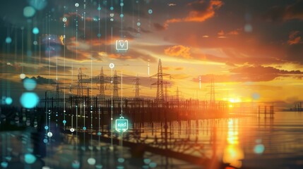 Fototapeta premium Renewable Energy Innovation Digital Icons Floating Above Green Power Plant at Sunset