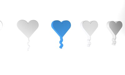 Blue Balloon in form of heart with ribbon icon isolated on white background. Valentines day. Minimalism concept. 3D render illustration