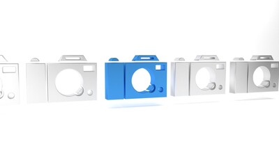 Blue Photo camera icon isolated on white background. Foto camera icon. Minimalism concept. 3D render illustration