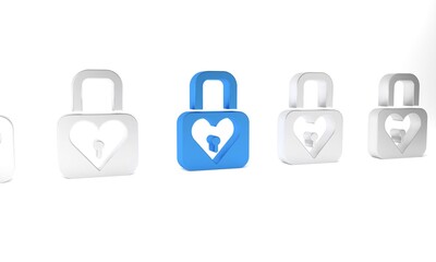 Blue Lock and heart icon isolated on white background. Locked Heart. Love symbol and keyhole sign. Valentines day symbol. Minimalism concept. 3D render illustration