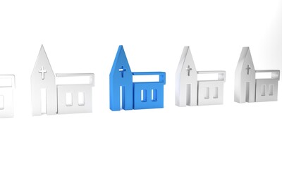 Blue Church building icon isolated on white background. Christian Church. Religion of church. Minimalism concept. 3D render illustration