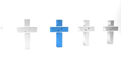 Blue Christian cross icon isolated on white background. Church cross. Minimalism concept. 3D render illustration